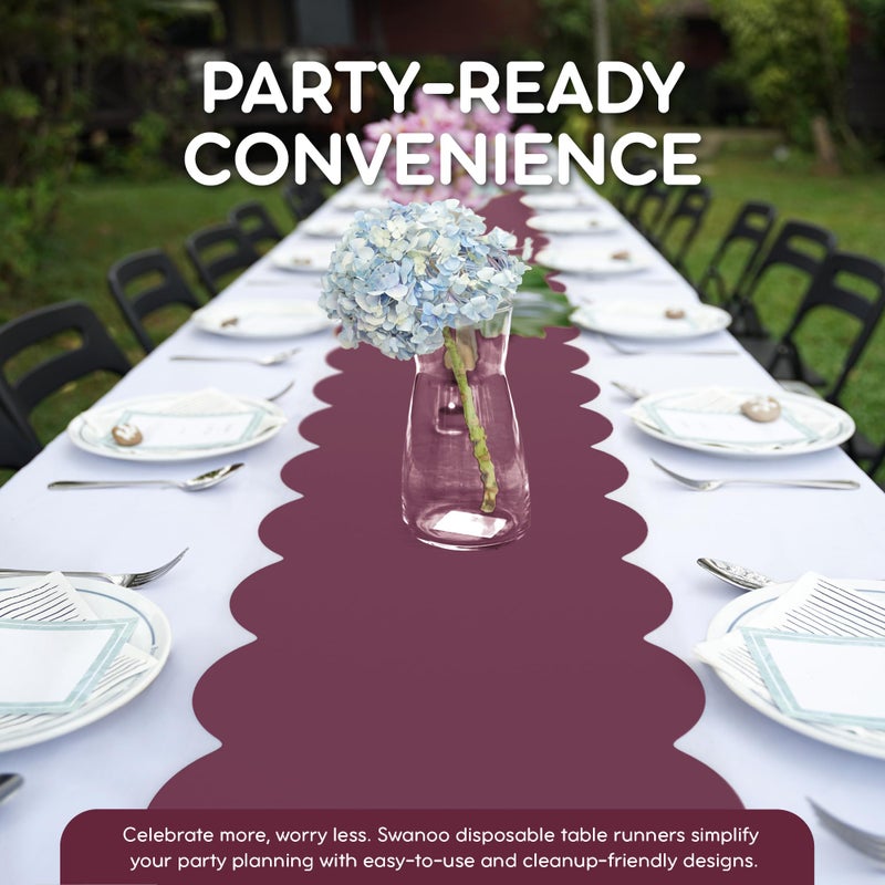 Swanoo Burgundy Plastic Disposable Table Runner. 5 Pack 14 x 108 inch. Scallop Table Runner Adds A Pop of Color to Your Party Table, by Swanoo - Image 3